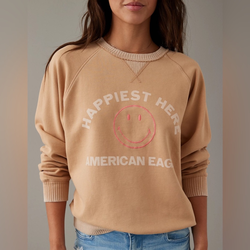 AE‎ Funday Graphic Raglan-Sleeve Sweatshirt smiley world pullover aerie neutral